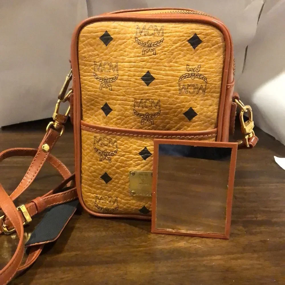 MCM Visetos Cognac Monogram Camera Messenger Bag Leather Lined Mirror EUC RARE
